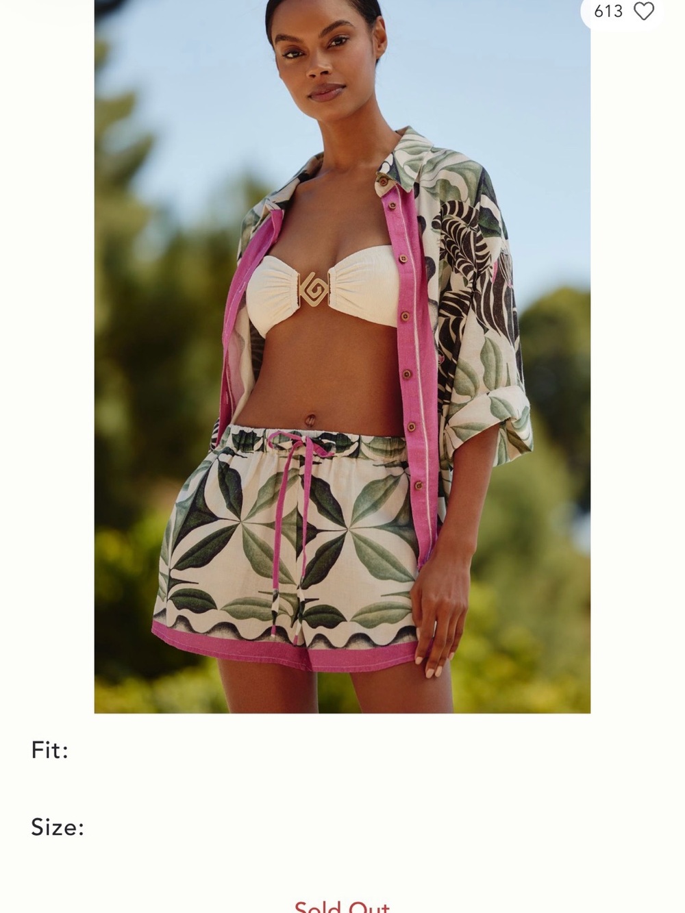 Anthropologie Celandine Green and Off W Botanical Print Short Set with Pink Trim